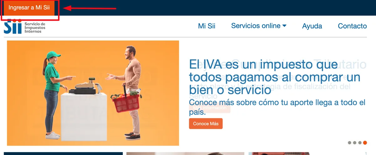 Página principal del SII con el botón Ingresar a Mi SII destacado arriba a la izquierda