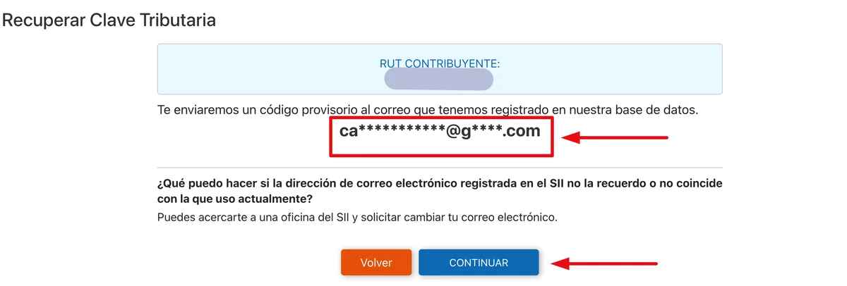 Pista del correo registrado en el SII y botón Continuar
