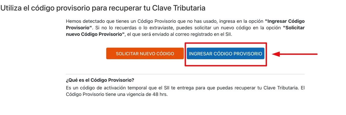 Botones Solicitar nuevo código e Ingresar código provisorio