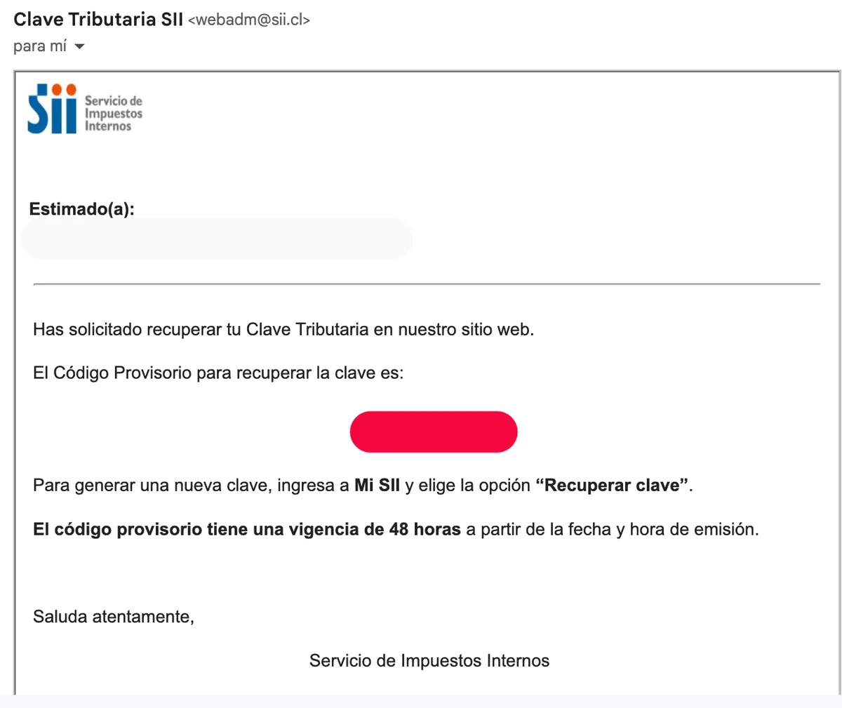 Correo del SII con el código provisorio para recuperar la clave
