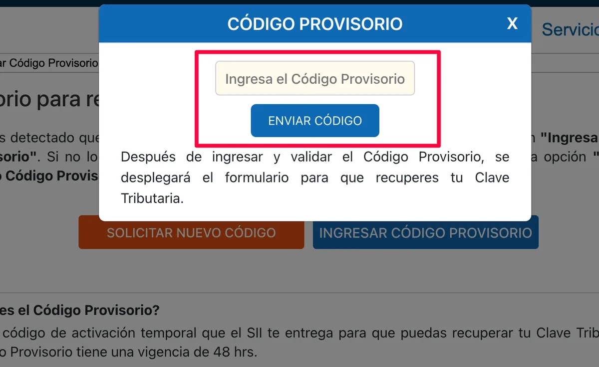 Ventana Código provisorio con el campo para el código y el botón Enviar código