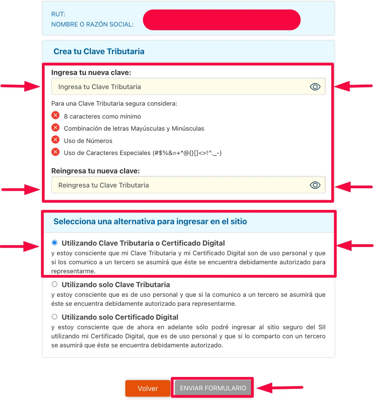 Formulario Crea tu Clave Tributaria con la opción Utilizando Clave Tributaria o Certificado Digital marcada