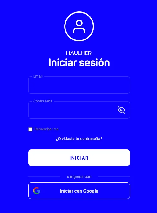 Pantalla Iniciar sesión de Haulmer con los campos de correo y contraseña