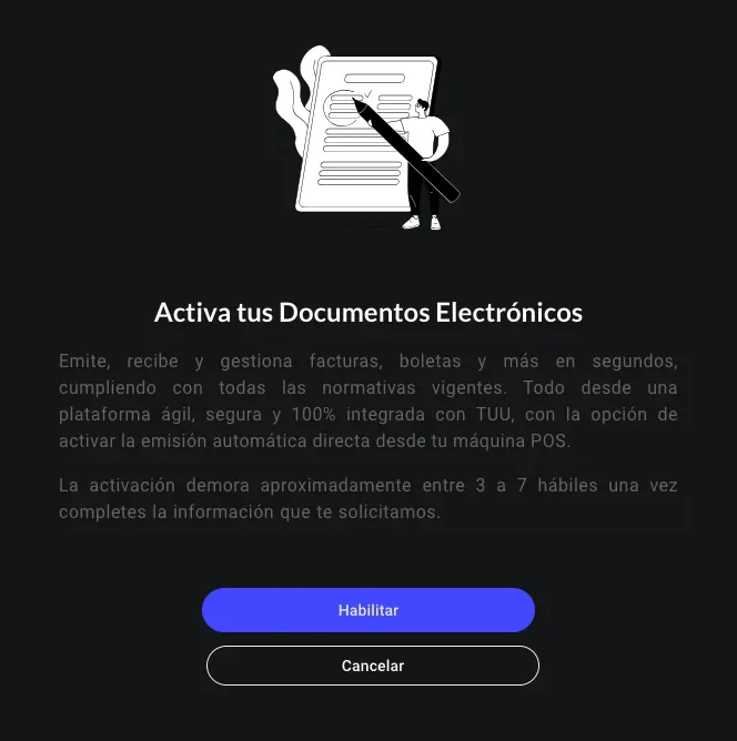 Pantalla Activa tus Documentos Electrónicos con el botón Habilitar