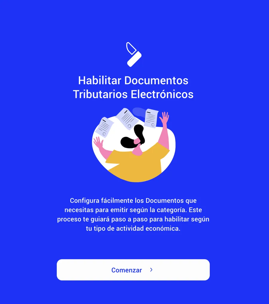 Pantalla Habilitar Documentos Tributarios Electrónicos con el botón Comenzar
