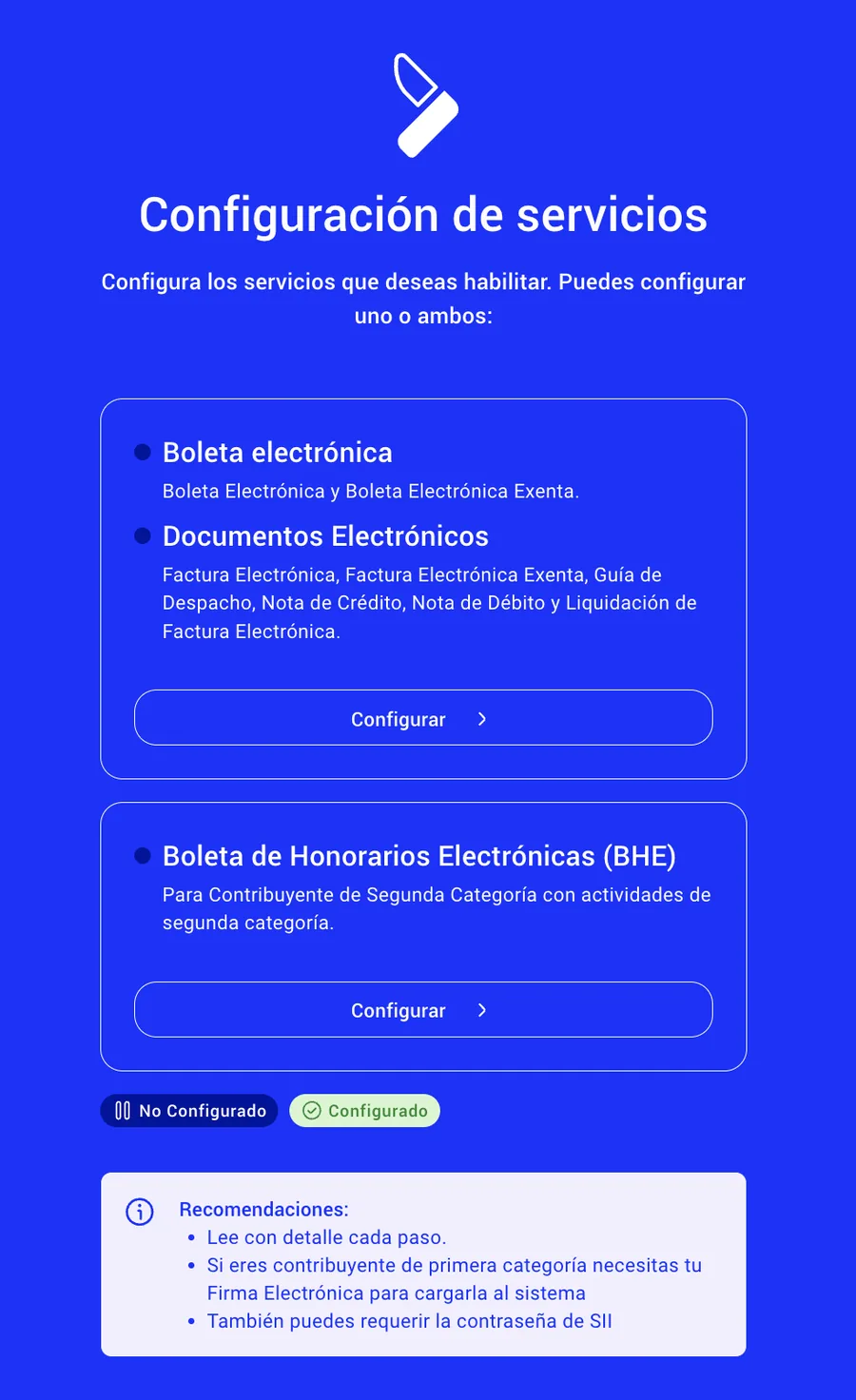 Configuración de servicios con la tarjeta Boleta electrónica y Documentos Electrónicos y su botón Configurar