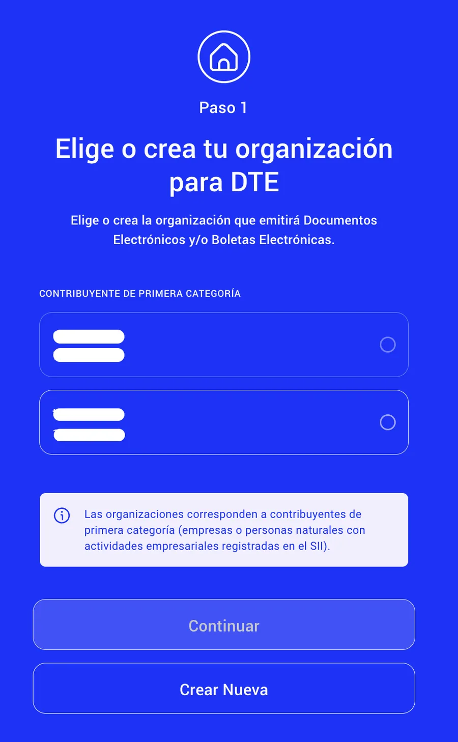 Paso 1 del formulario: Elige o crea tu organización para DTE, con el botón Continuar