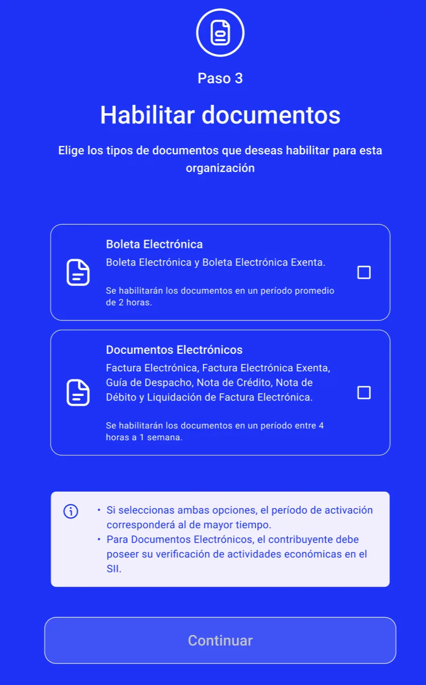 Paso 3 del formulario: Habilitar documentos, con las casillas Boleta Electrónica y Documentos Electrónicos
