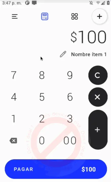 Animación de la app Pago en la máquina POS: venta con calculadora y emisión de boleta